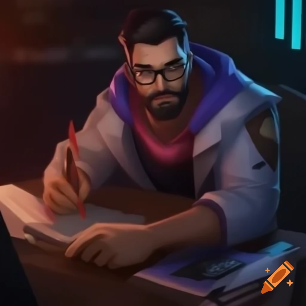Valorant character studying tactics with pencil and book