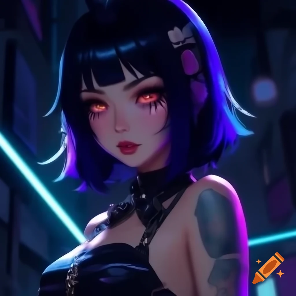 Punk-inspired young woman in dystopian fashion with black hair and edgy attire
