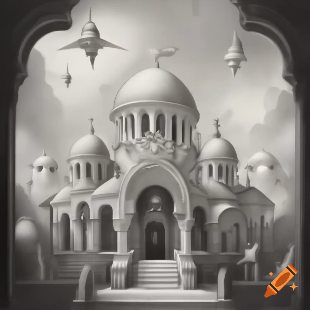Pencil sketch of fairy tale palace with Byzantine architecture and ornate details