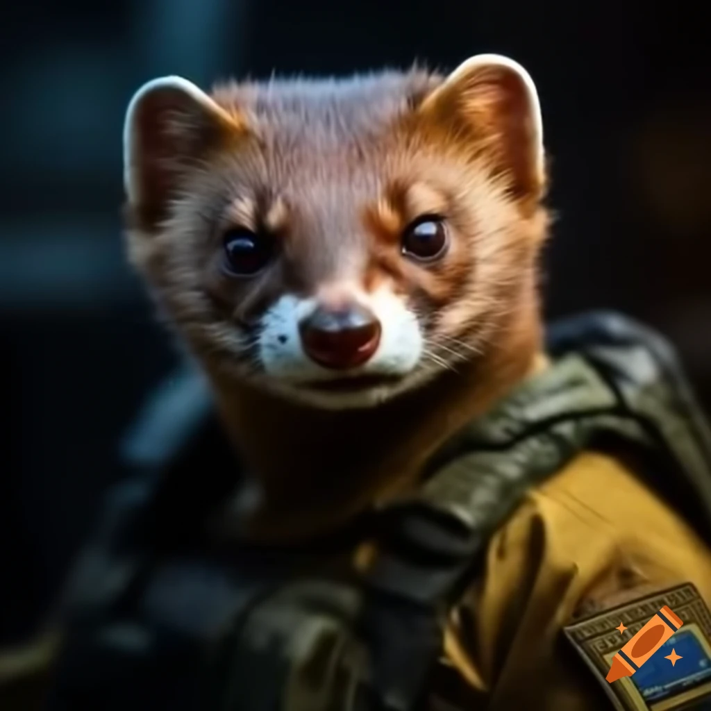 European weasel wearing Ukrainian tactical military uniform