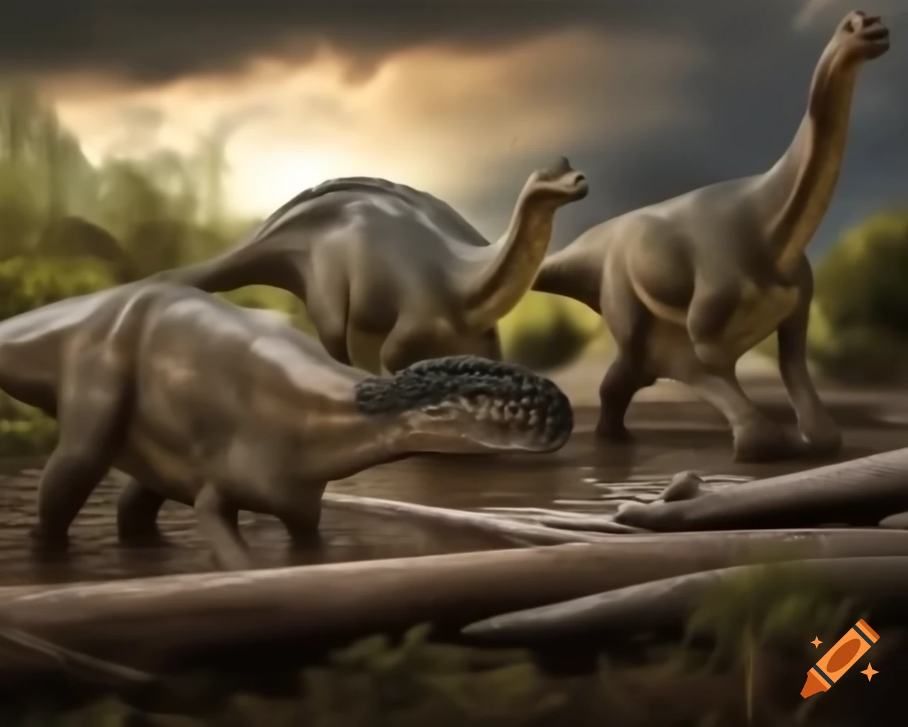 Striped Hadrosaurus roaming mudflat with ferns and driftwood in British Columbia
