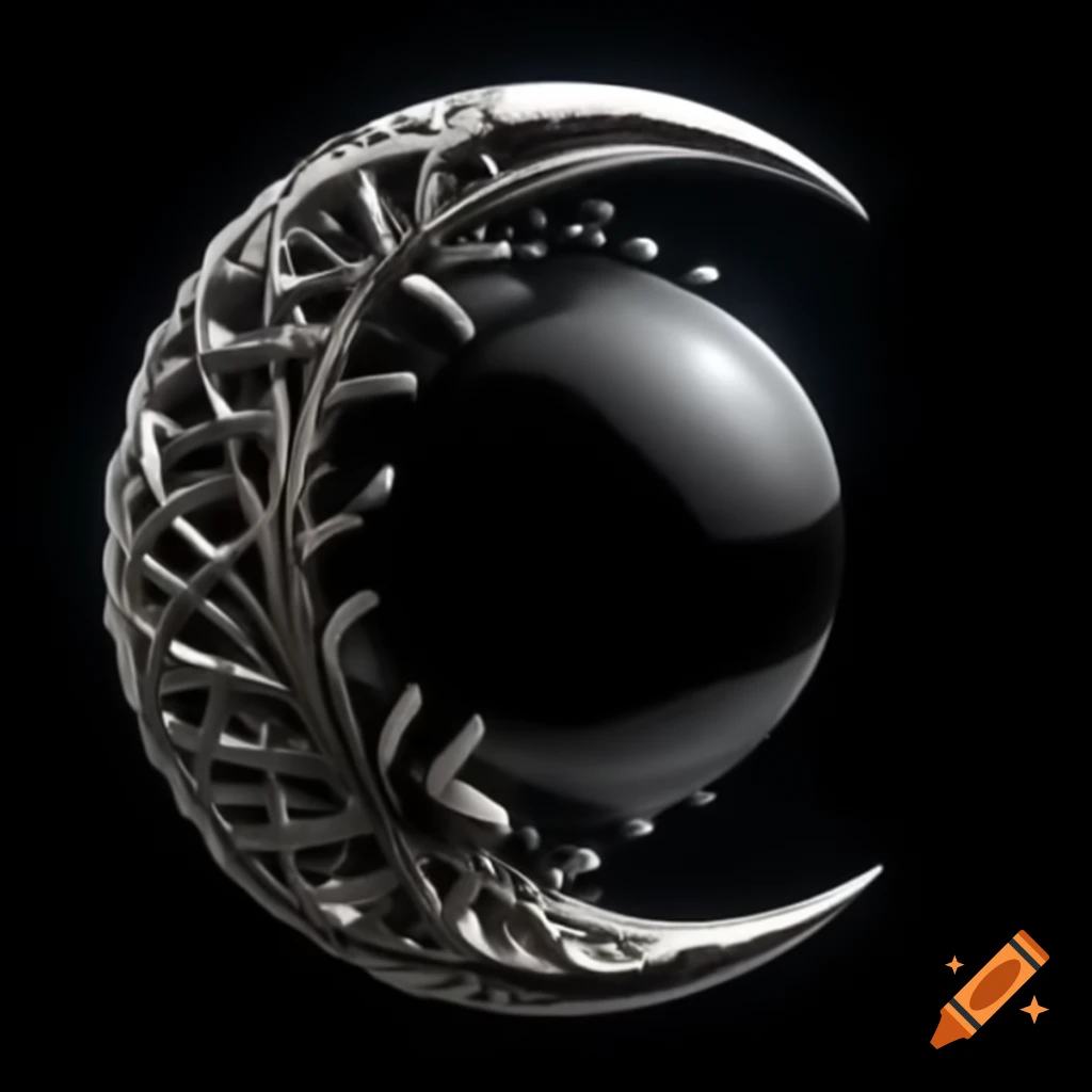 Shiny black orb with metallic filigree crescent orbiting