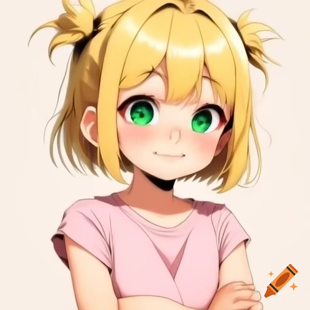 Anime girl with blonde hair and green eyes wearing pink sleeveless t-shirt, arms crossed