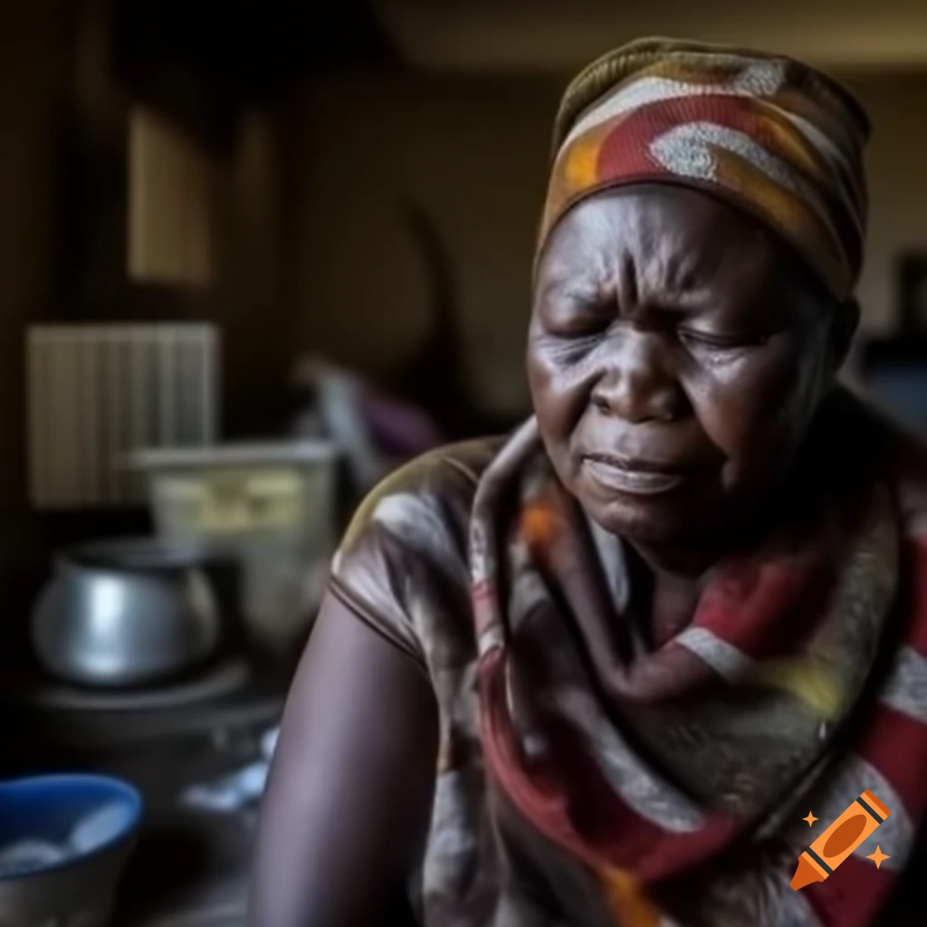 Middle-aged African woman in head scarf crying in a modest apartment