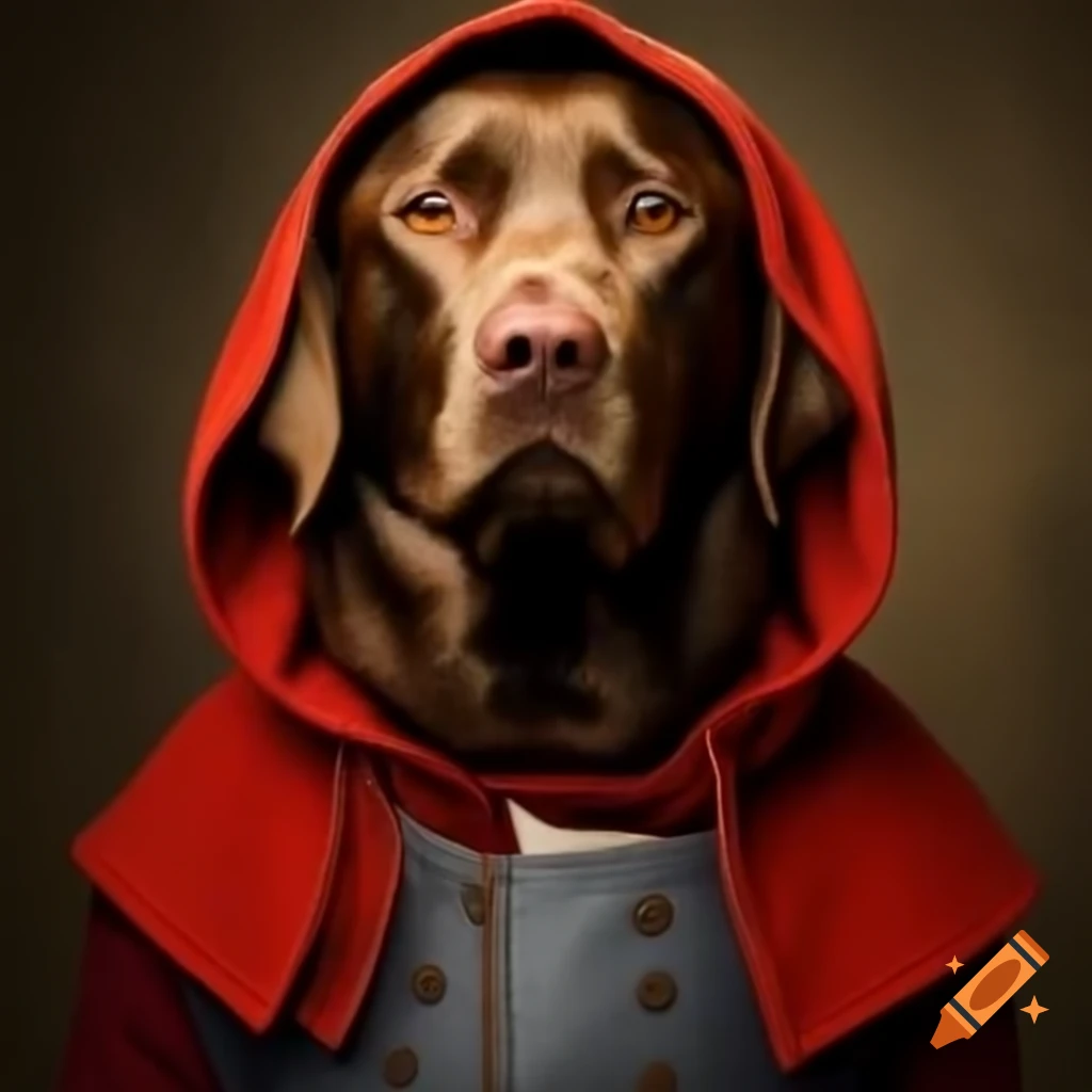 Brown labrador dog dressed in red riding hood costume
