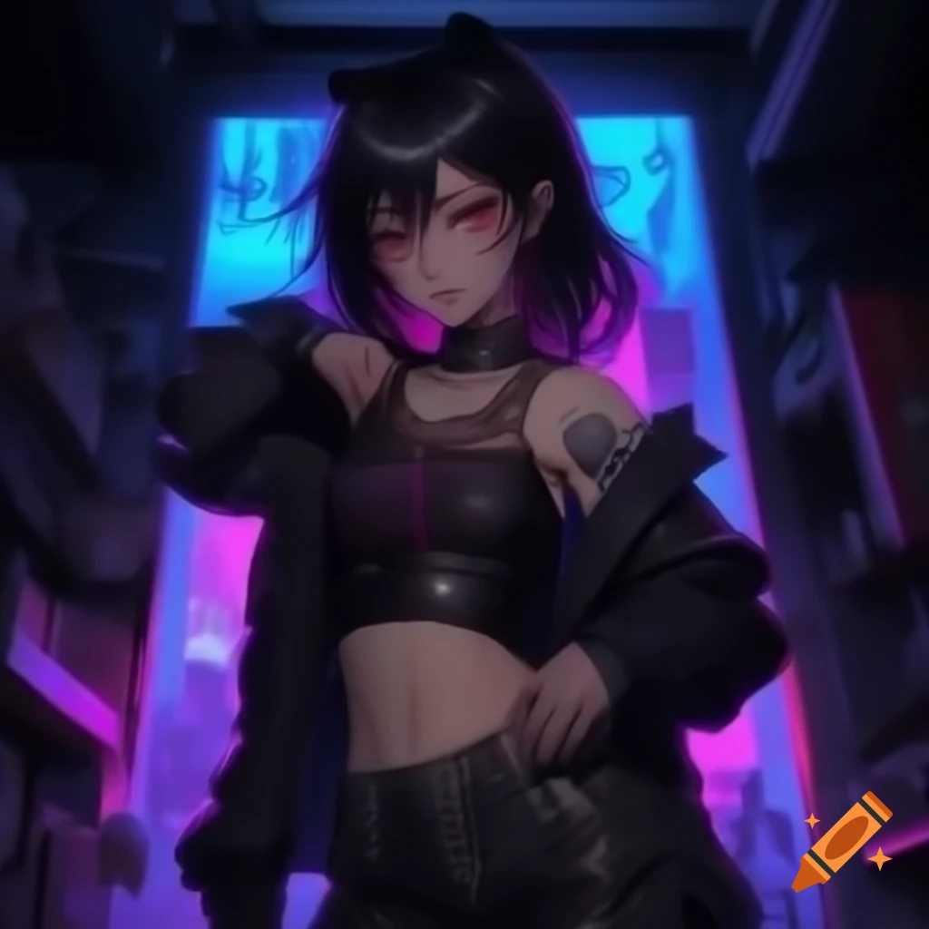 Punk-inspired anime character in dystopian fashion, showing midriff