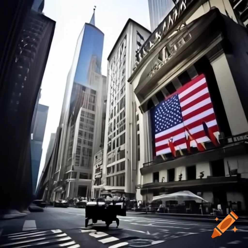 Grand view of Wall Street featuring New York Stock Exchange and Charging Bull statue