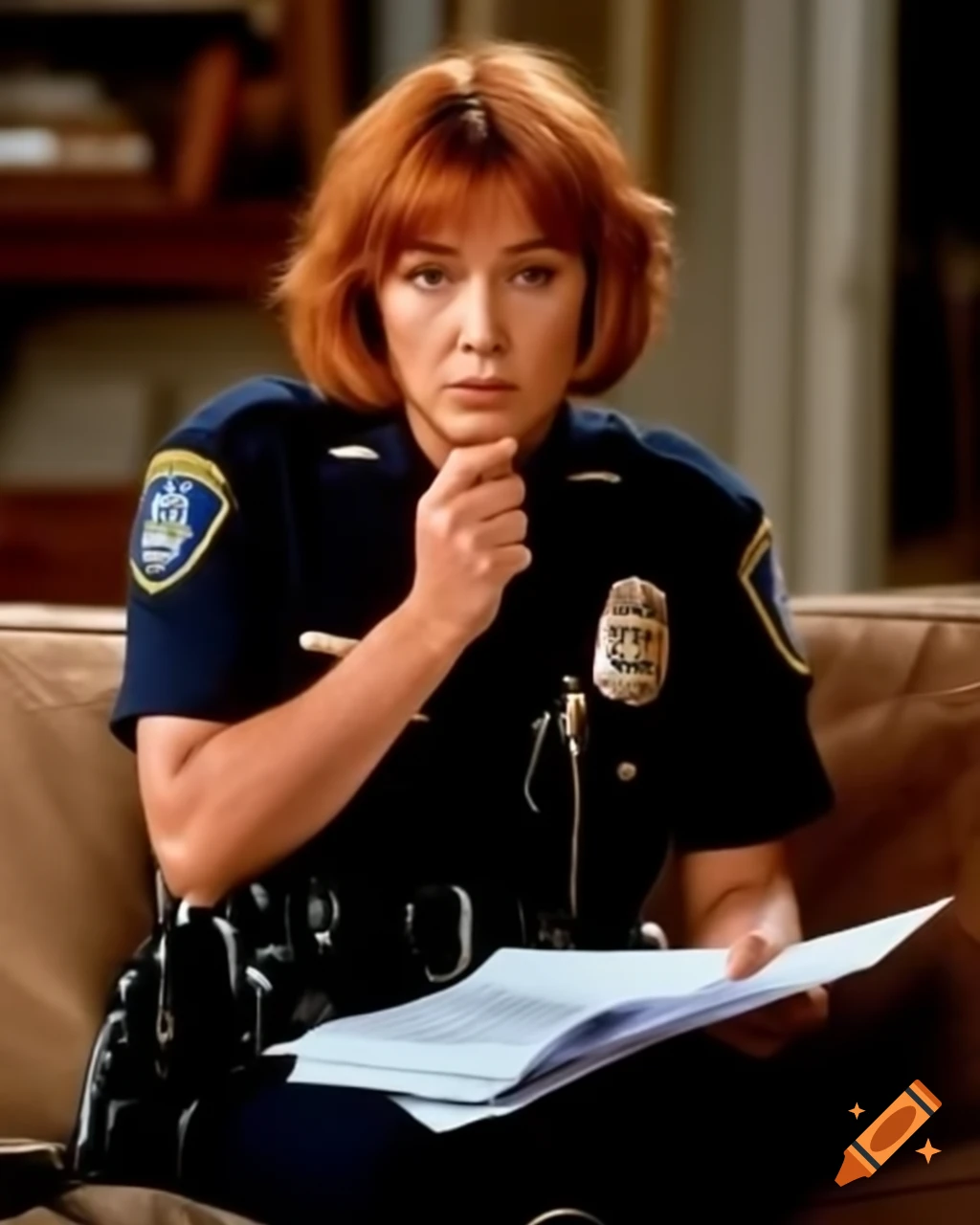 French female police officer taking notes at crime scene in dusty living room, hyper-realistic details