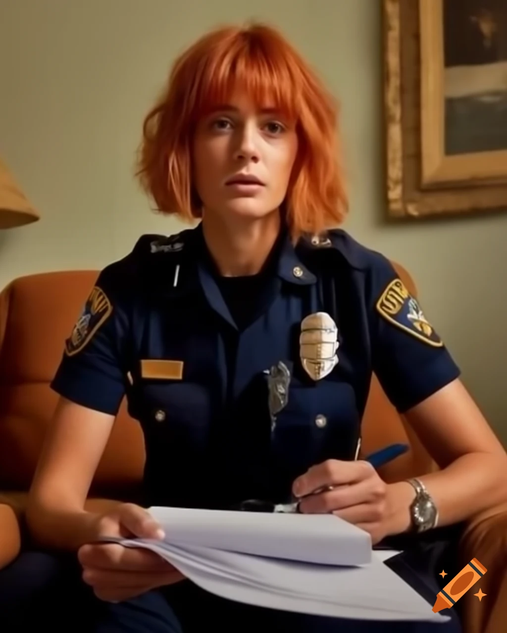 French female police officer taking notes at crime scene in dusty living room