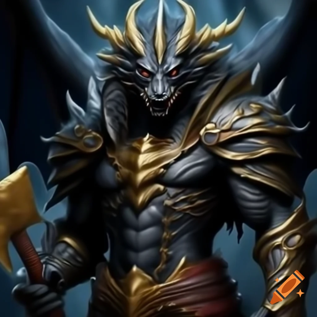 Black dragon in armor wielding golden double-edged axe