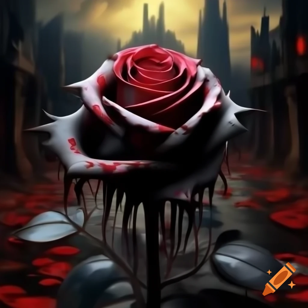 Decaying black rose with gothic city in background