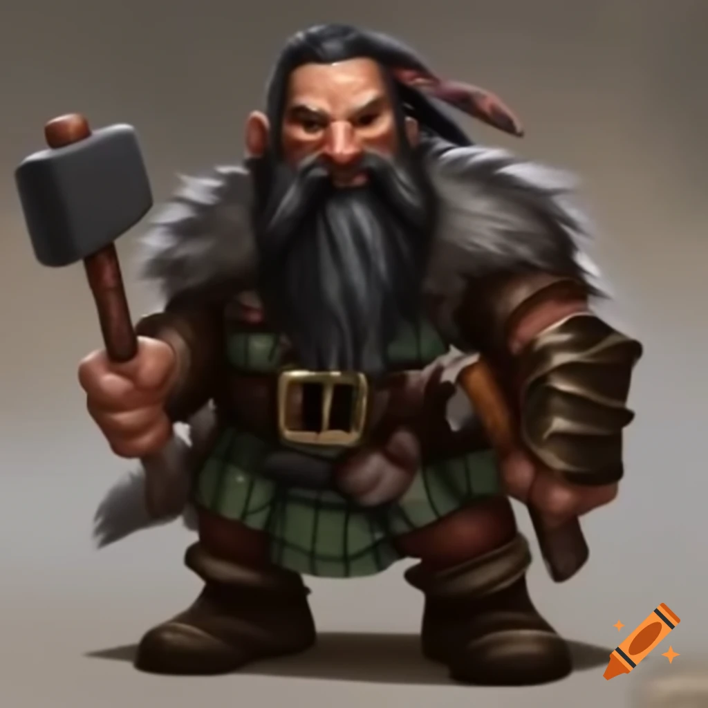Dwarf warrior with long black hair in kilt, wielding a hammer