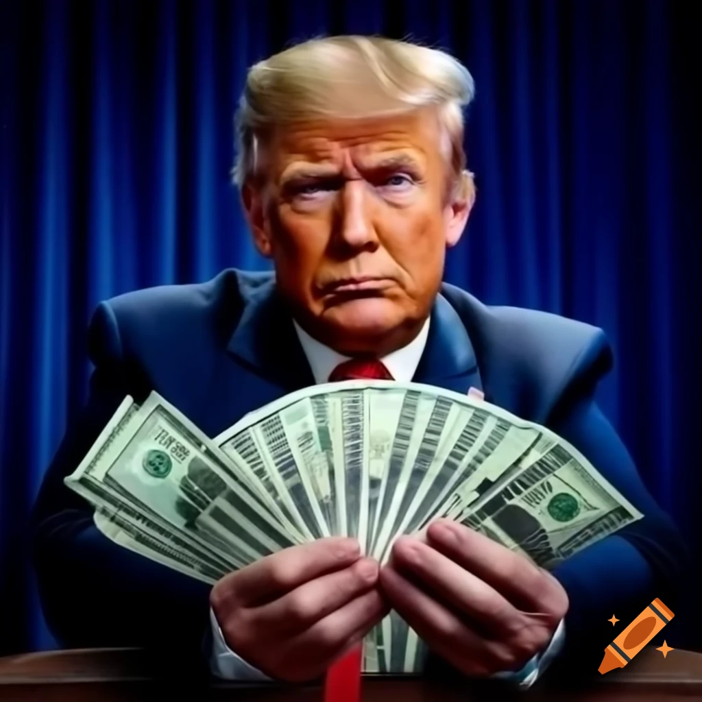 Political caricature of Donald Trump humorously counting money