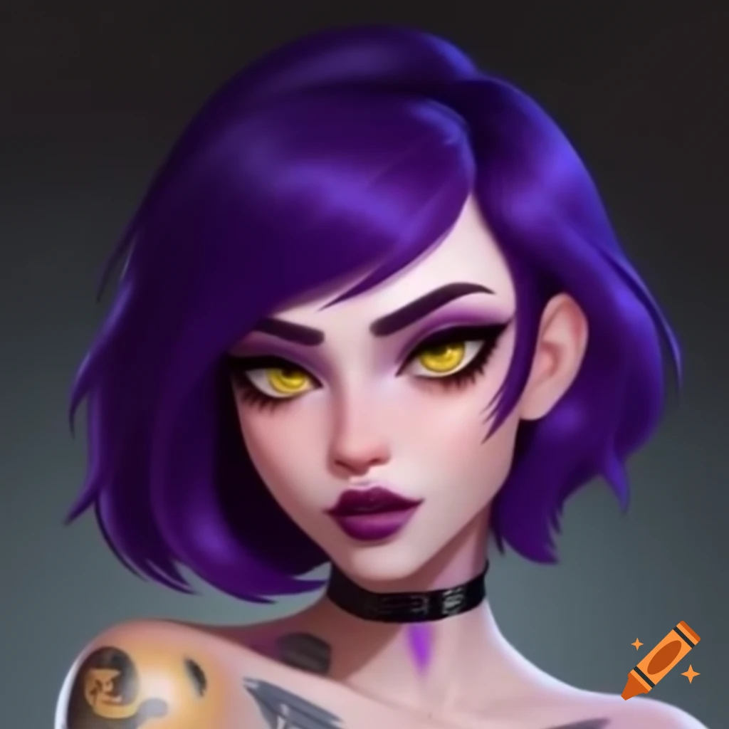 Skinny woman with violet hair and yellow eyes featuring tattoos