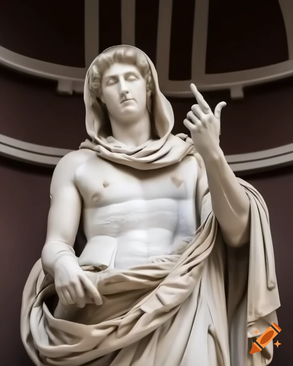 Hooded marble statue with hands pointing in opposite directions