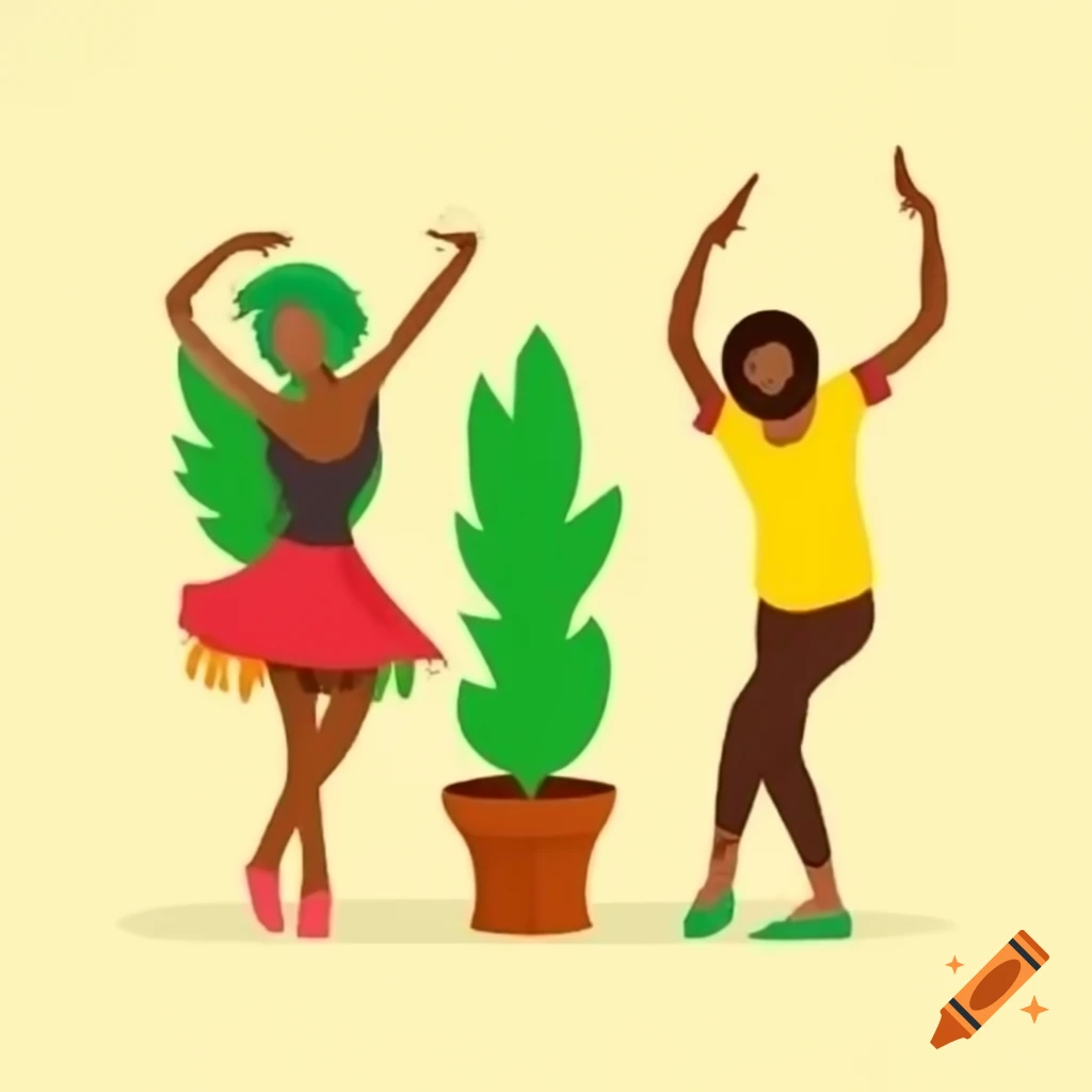 Two blonde girls dancing to reggae with colorful plants and a waterfall nearby