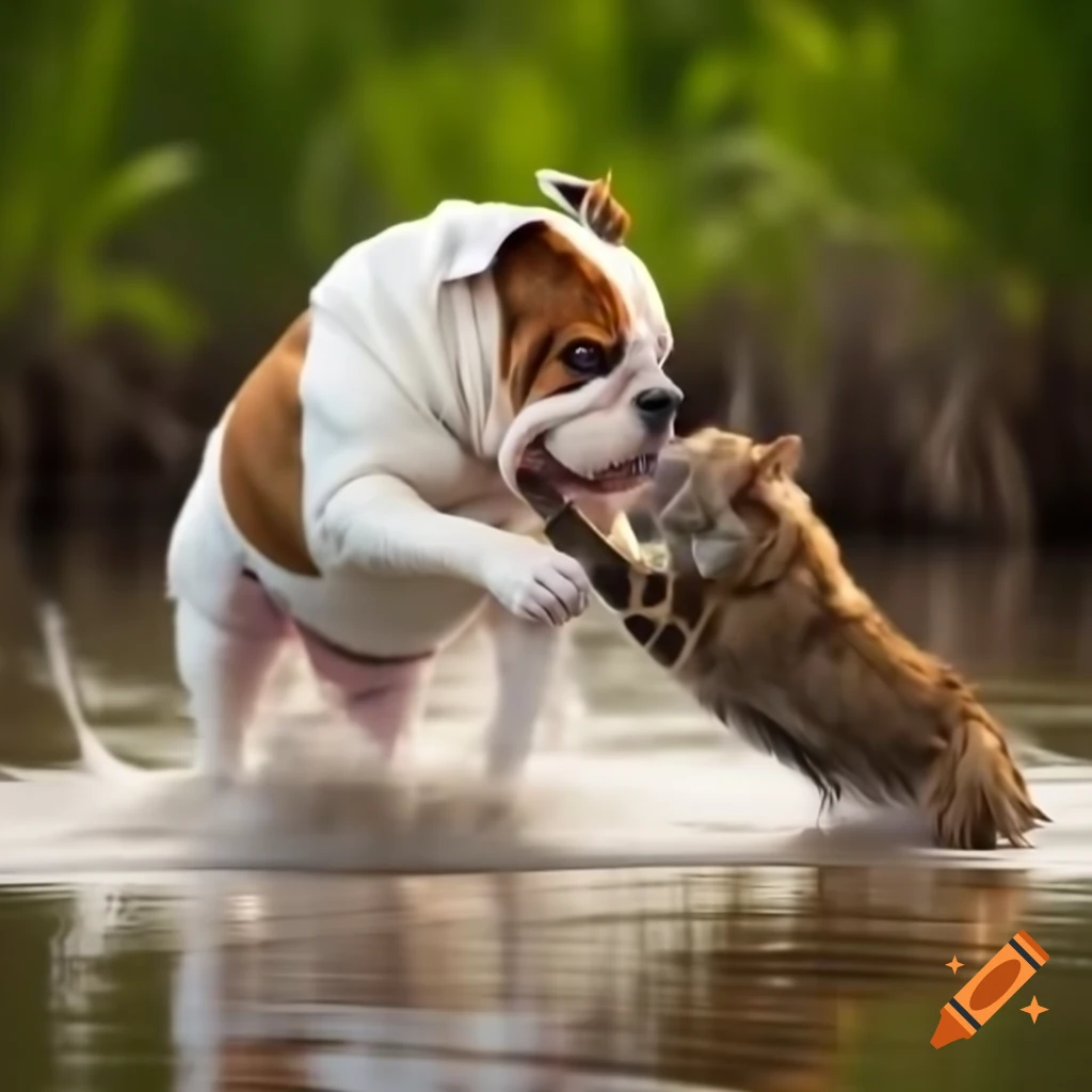 Bulldog confronting wildcat in bayou setting