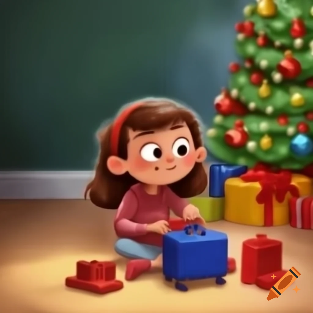 Cartoon girl sitting on floor with Christmas toy and suitcase in front of Christmas tree