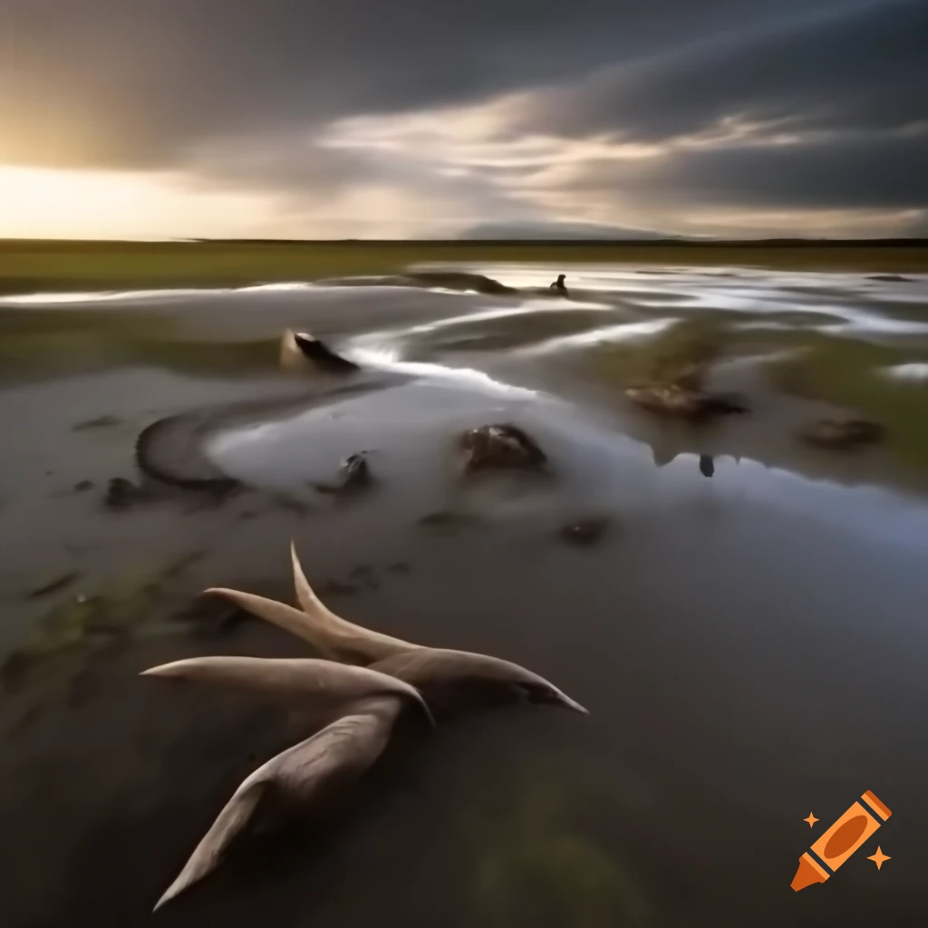 Striped Hadrosaurus in mudflat with ferns and driftwood in British Columbia
