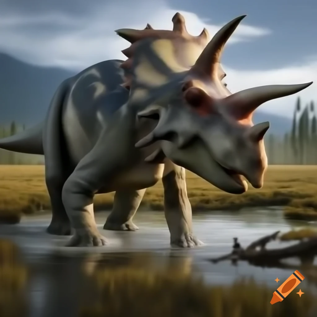 Protoceratops crossing marsh with driftwood in British Columbia morning