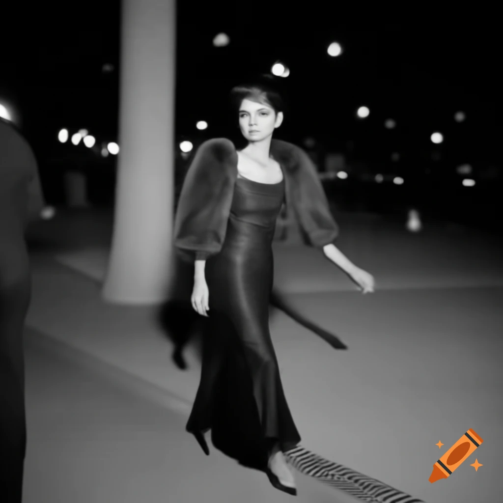 Young woman in luxurious evening dress with fluffy sleeves walking in Goiania