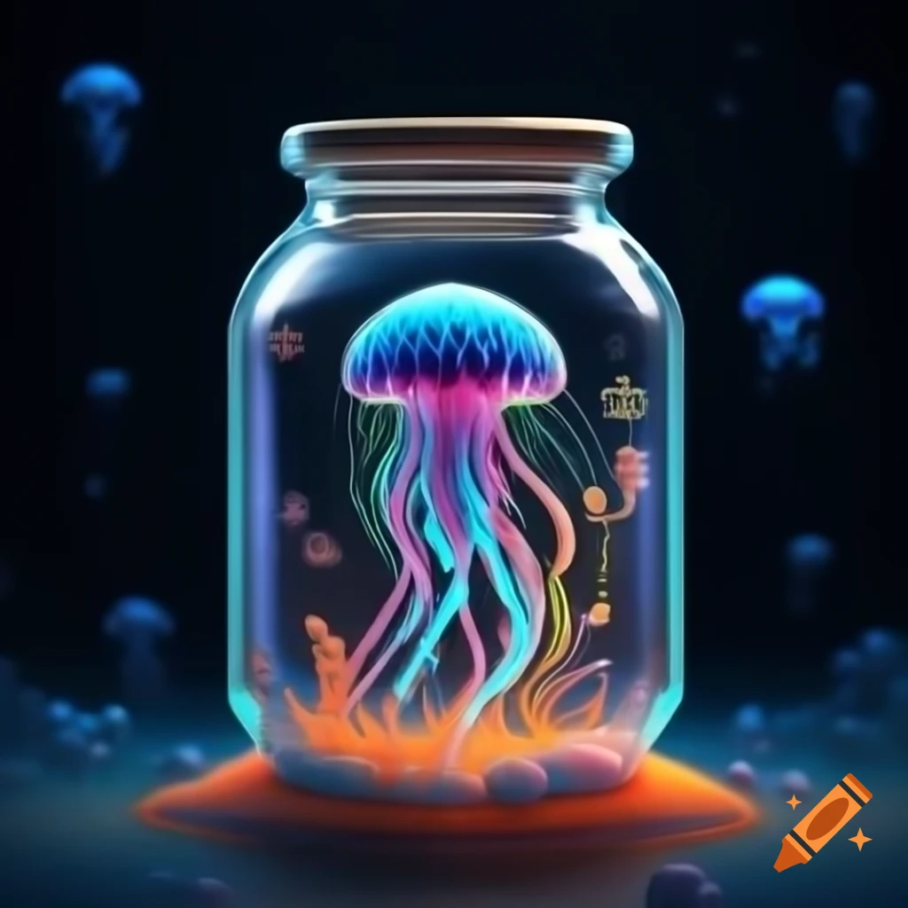 Pixel-art jellyfish in jar with vibrant glowing tentacles