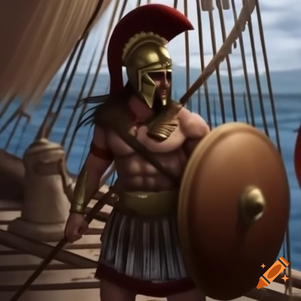 Ancient Greek warrior standing on a ship