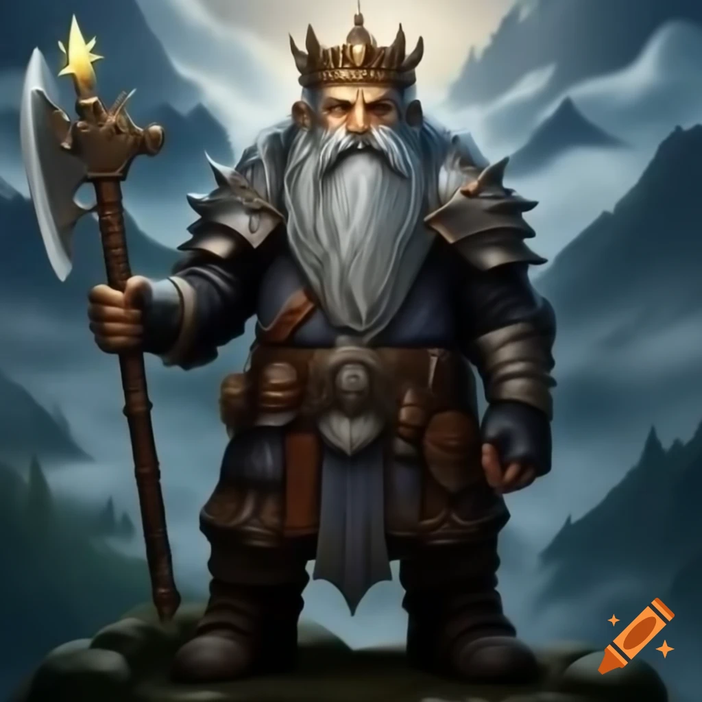 Dwarven King with beard in misty mountains, wearing crown and holding ornate axe