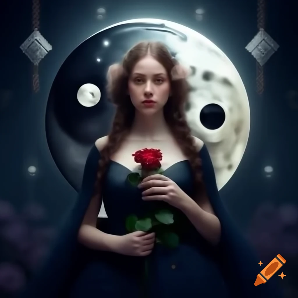English woman holding rose in dark dress under yin yang moonlight, photorealistic art