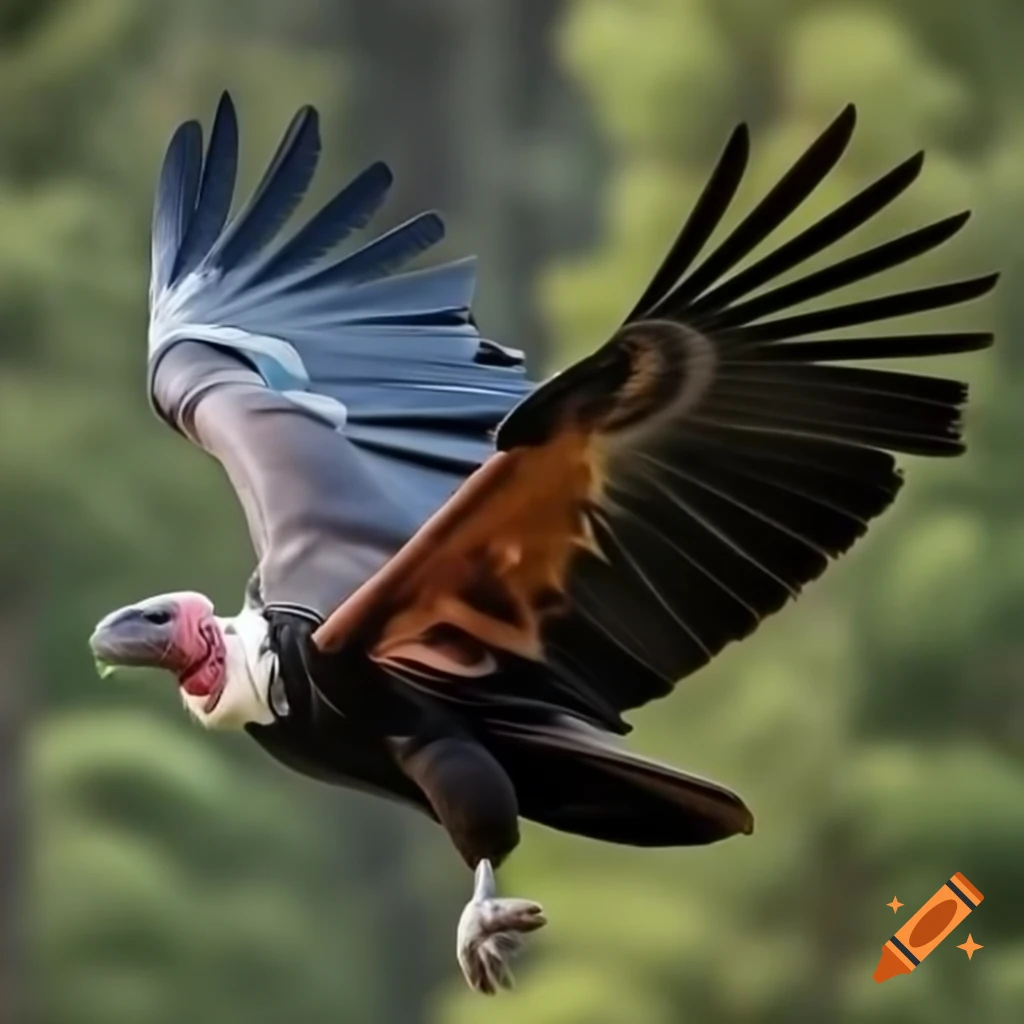 California condor soaring through a forest