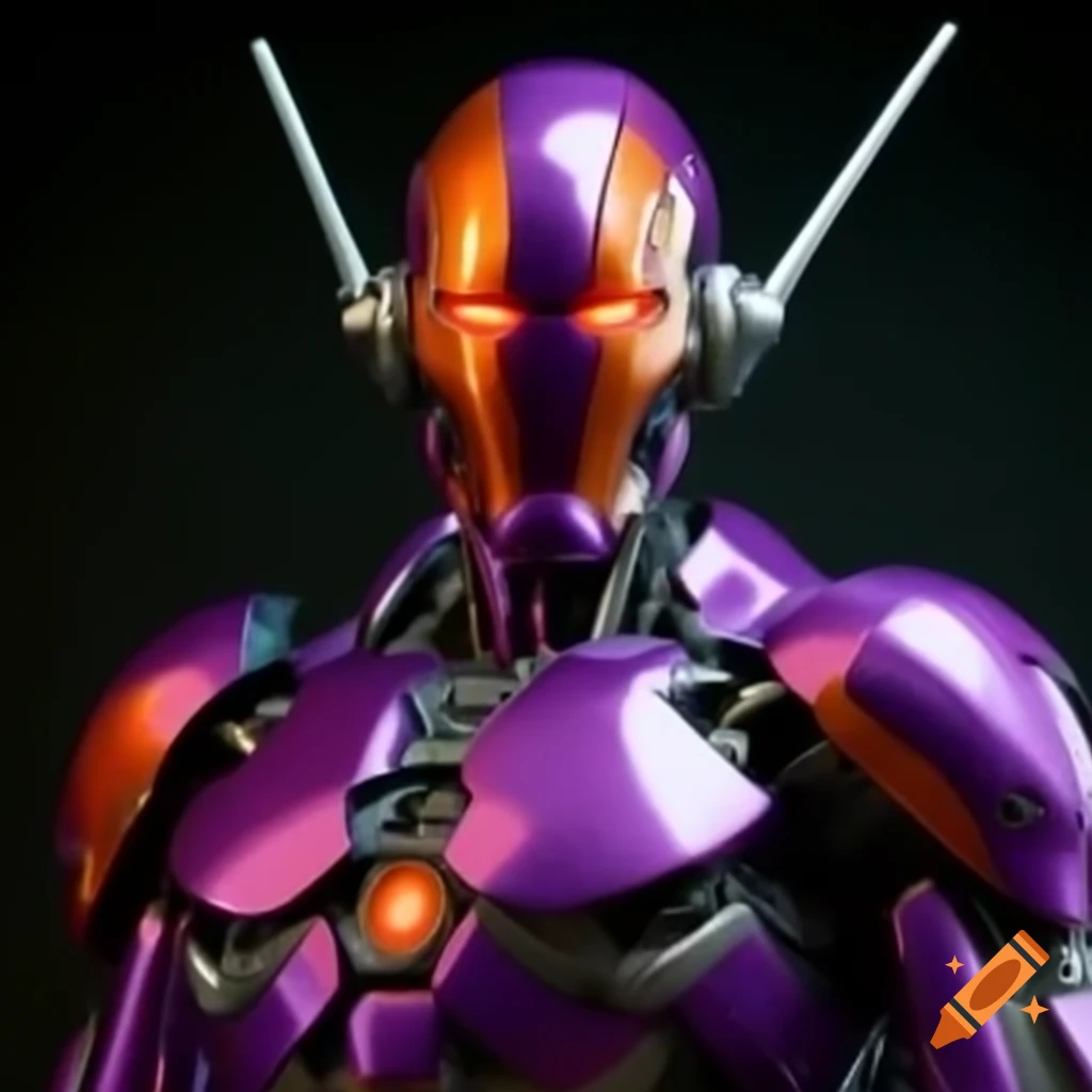 Purple and orange Ultron fused with sentinel, glowing red eyes and silver fins