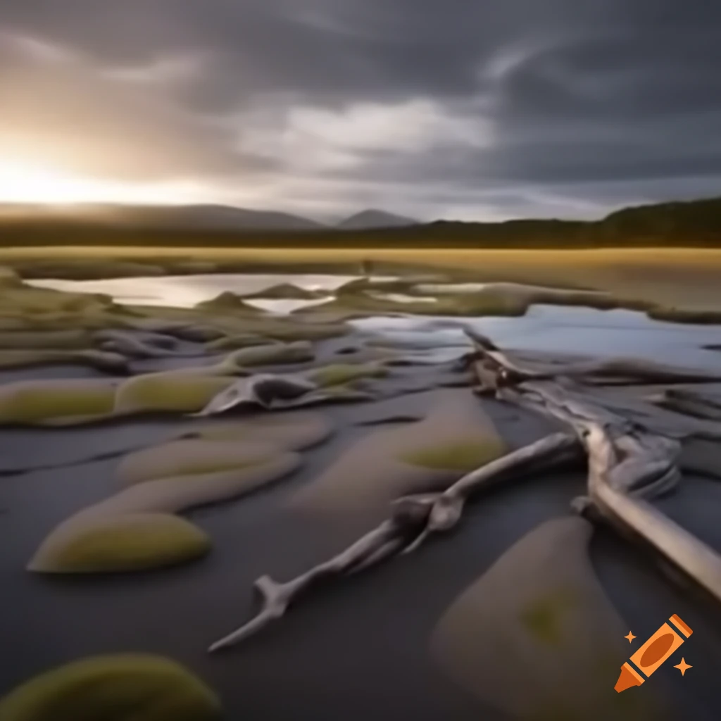 Striped Hadrosaurus in mudflat with ferns and driftwood in British Columbia