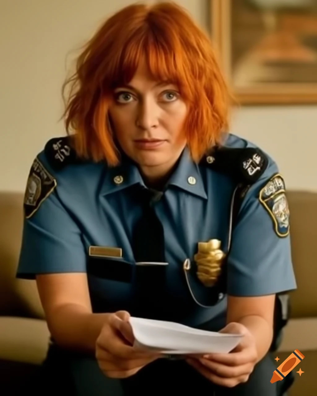Tsundere French female police officer with ginger hair taking notes at crime scene