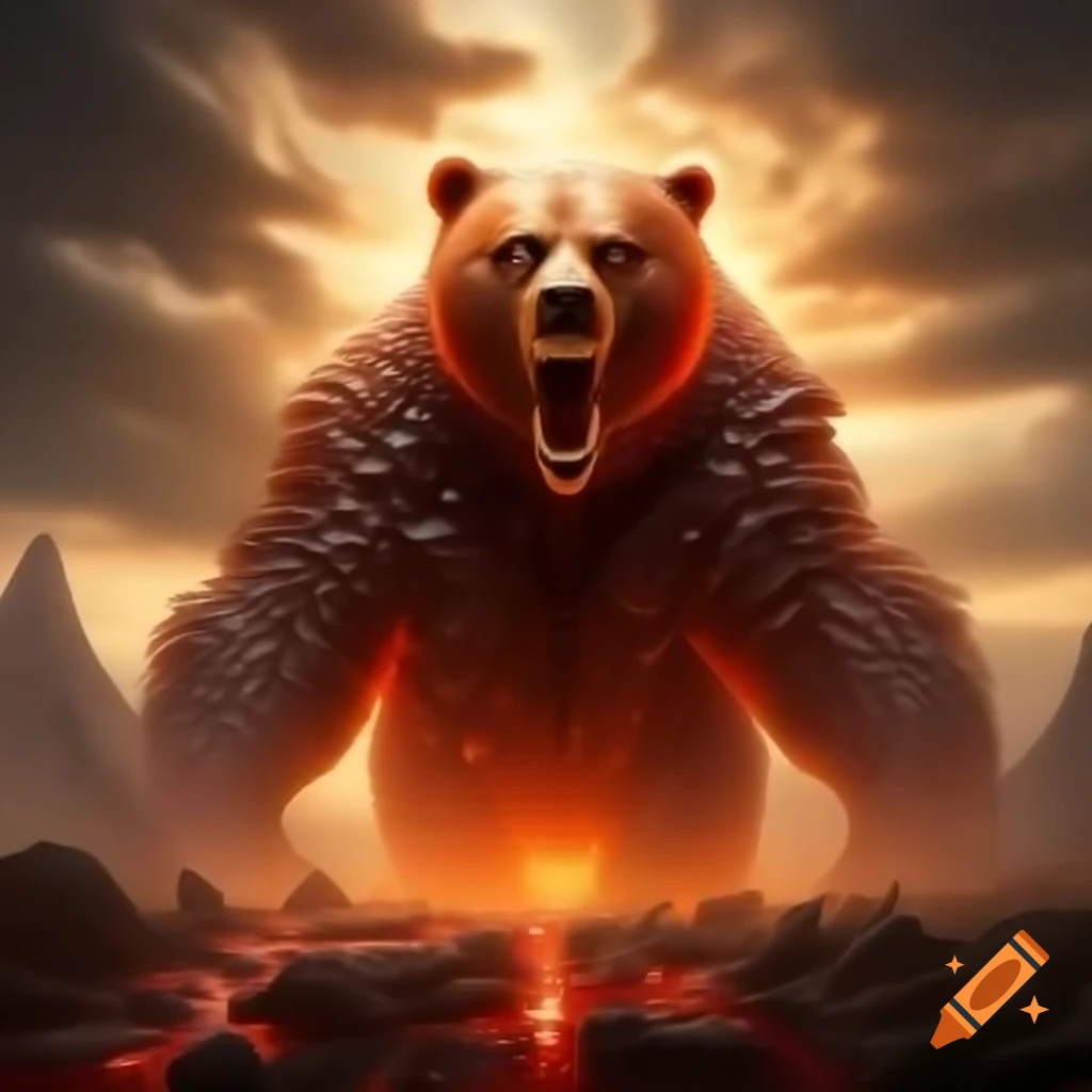Surreal scene of expanding colossal Gummy Bear in apocalyptic setting