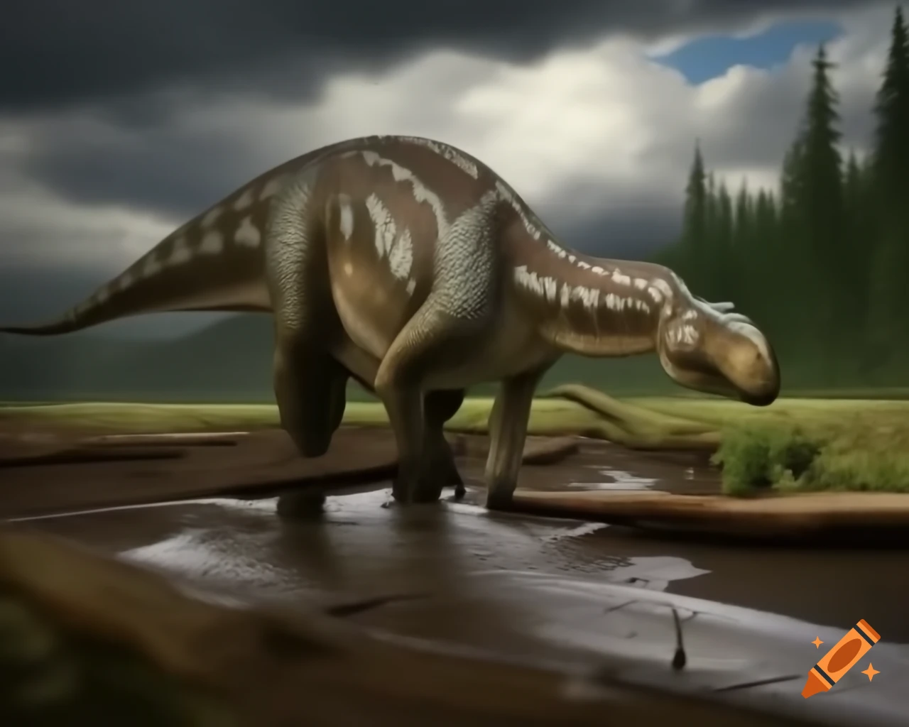 Striped Hadrosaurus roaming near stream in British Columbia with dramatic clouds