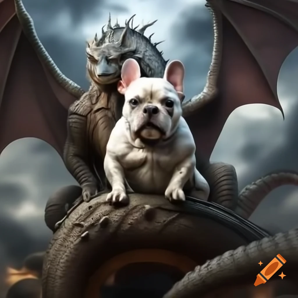French bulldog riding mythical dragon in battle scene