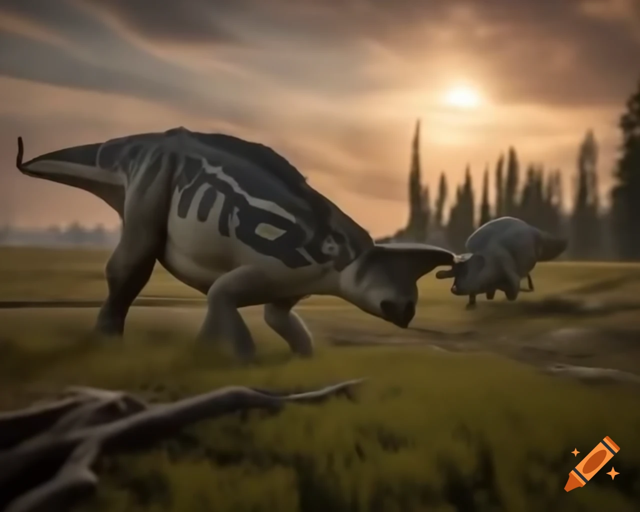 Herd of protoceratops crossing moorland during golden hour in British Columbia