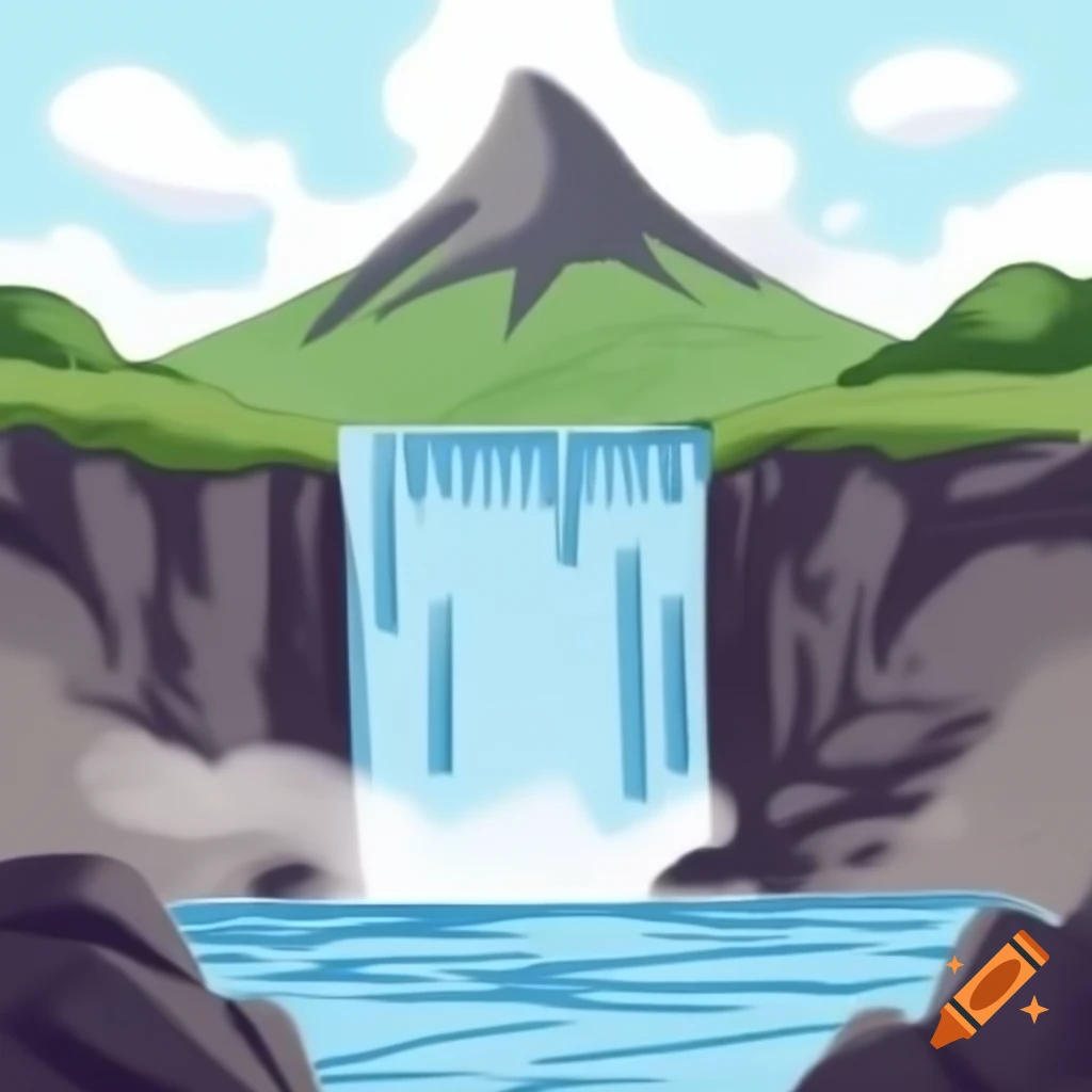 Sketch of a waterfall with mountain backdrop