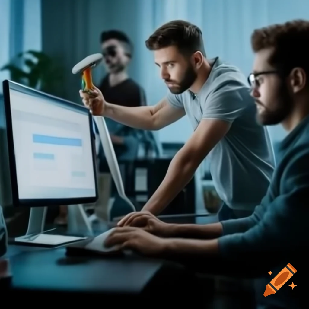 Team working on large computers with hammers