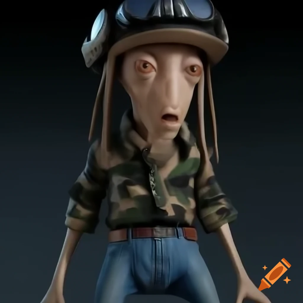 Extraterrestrial movie actor with squared face glancing at camera