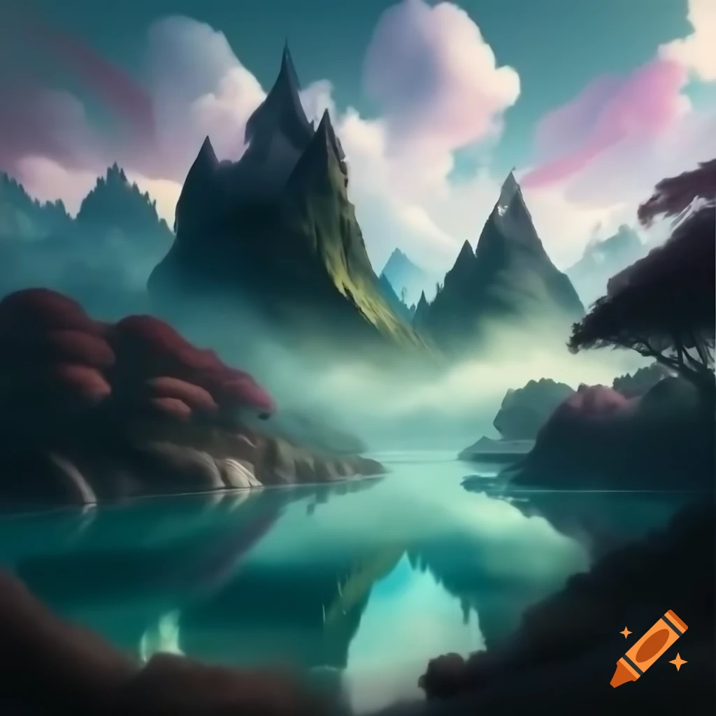 Ancient enchanted mountain range shrouded in mist with unique peaks