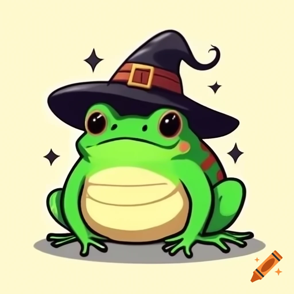 Frog in witch hat with a mischievous expression