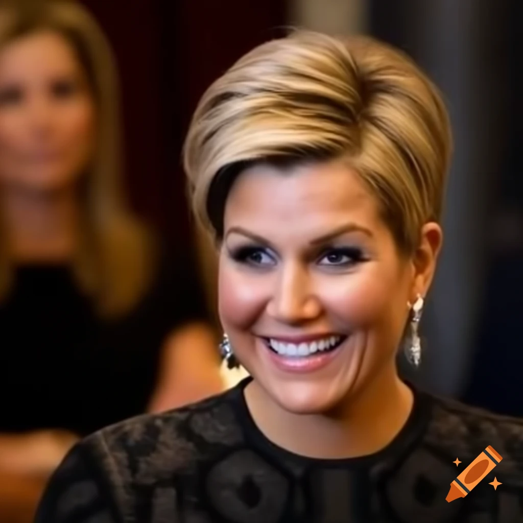 Queen Maxima showcasing a short pixie haircut with clippered nape and centre parting