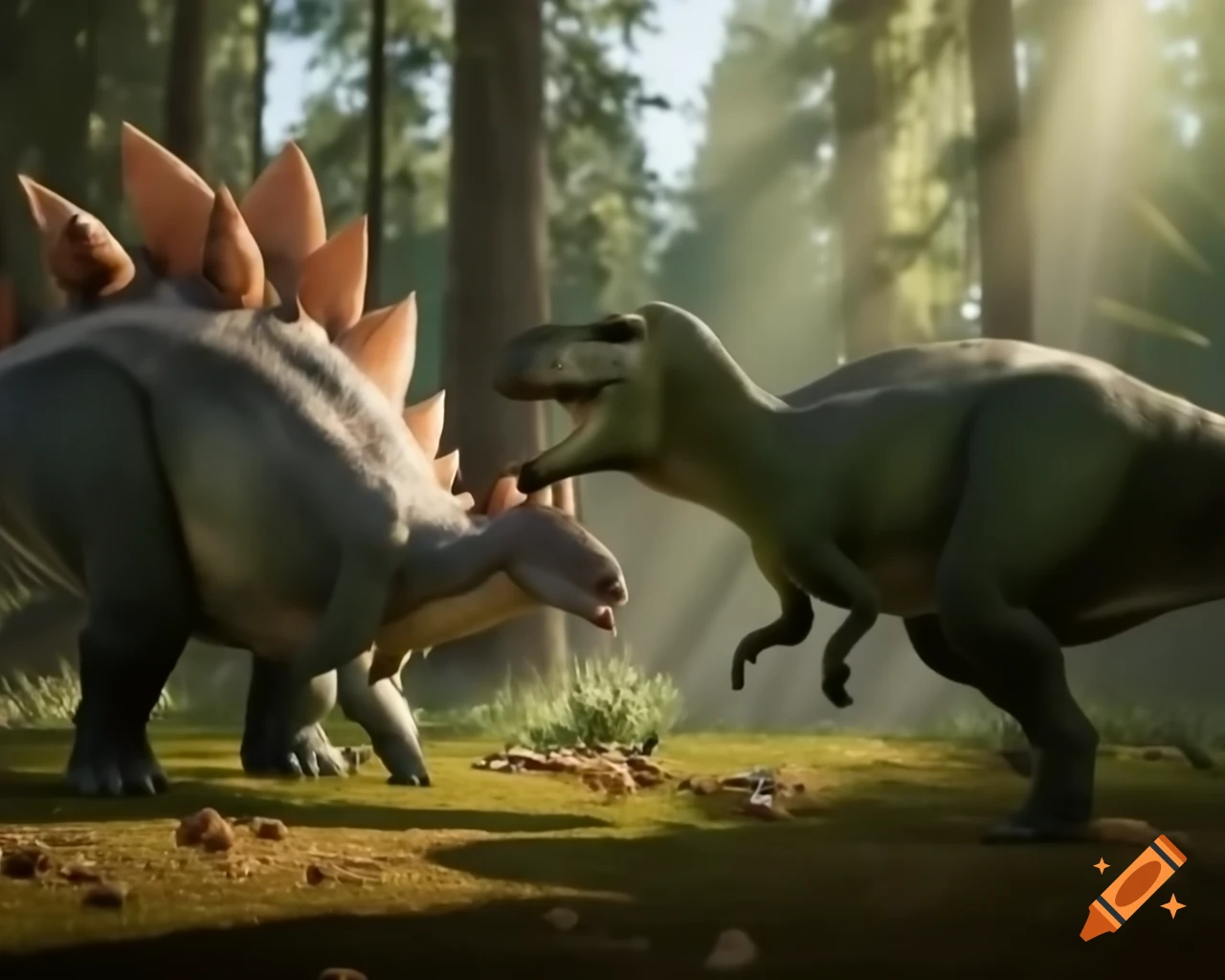 Two Stegosaurus engaged in combat in sunny cedar forest clearing