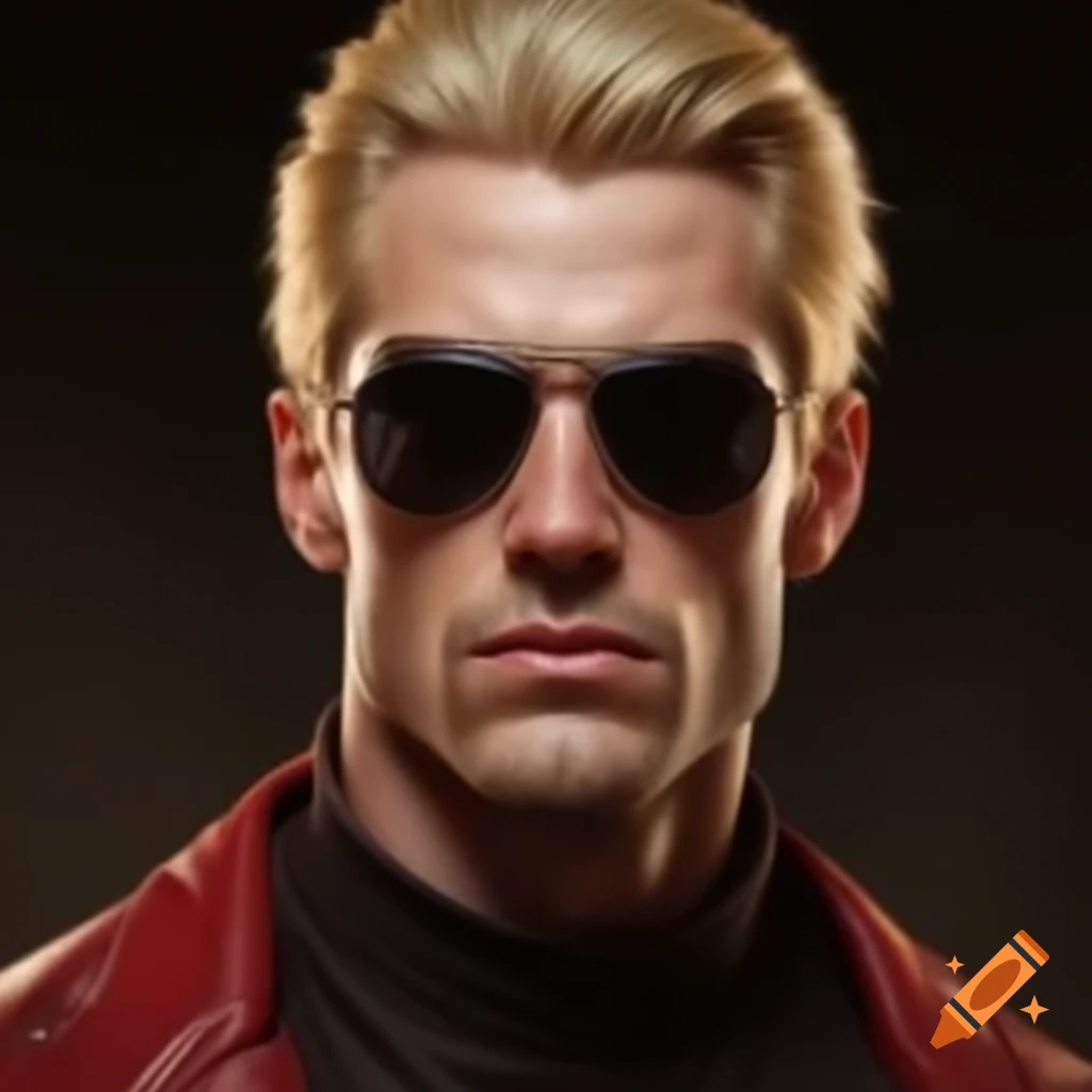 Cool smirking blonde man in sunglasses and red jacket