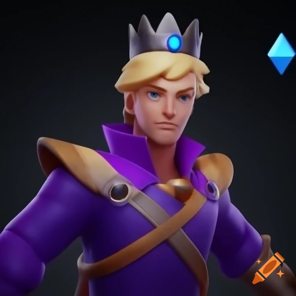 Blonde man dressed as king with purple and sapphire crown in video game style