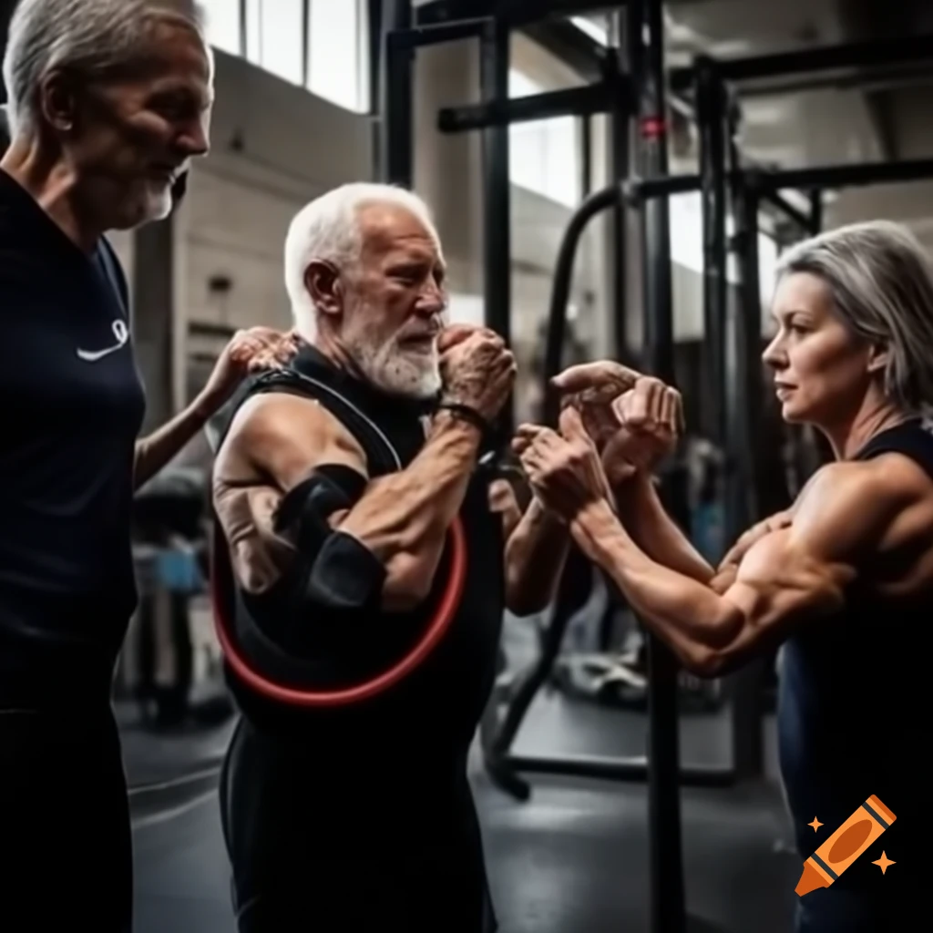 Elderly people training with electrical muscular stimulation suits