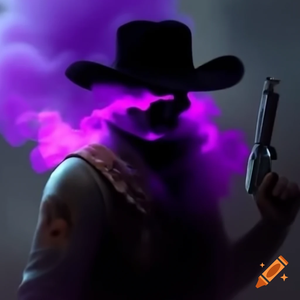 Cowboy with glowing purple mist and jet black skin holstering gun