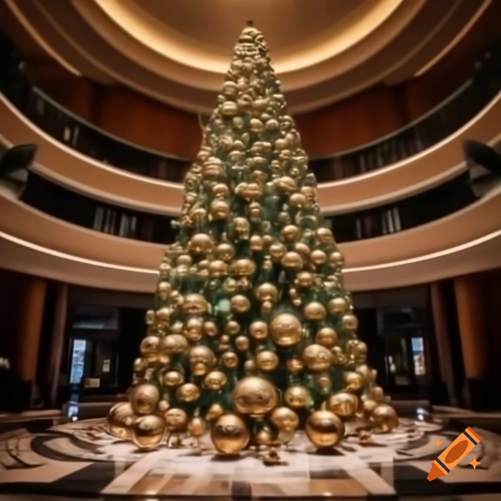 Christmas tree made of large gold baubles with abstract art designs in beige and dark green