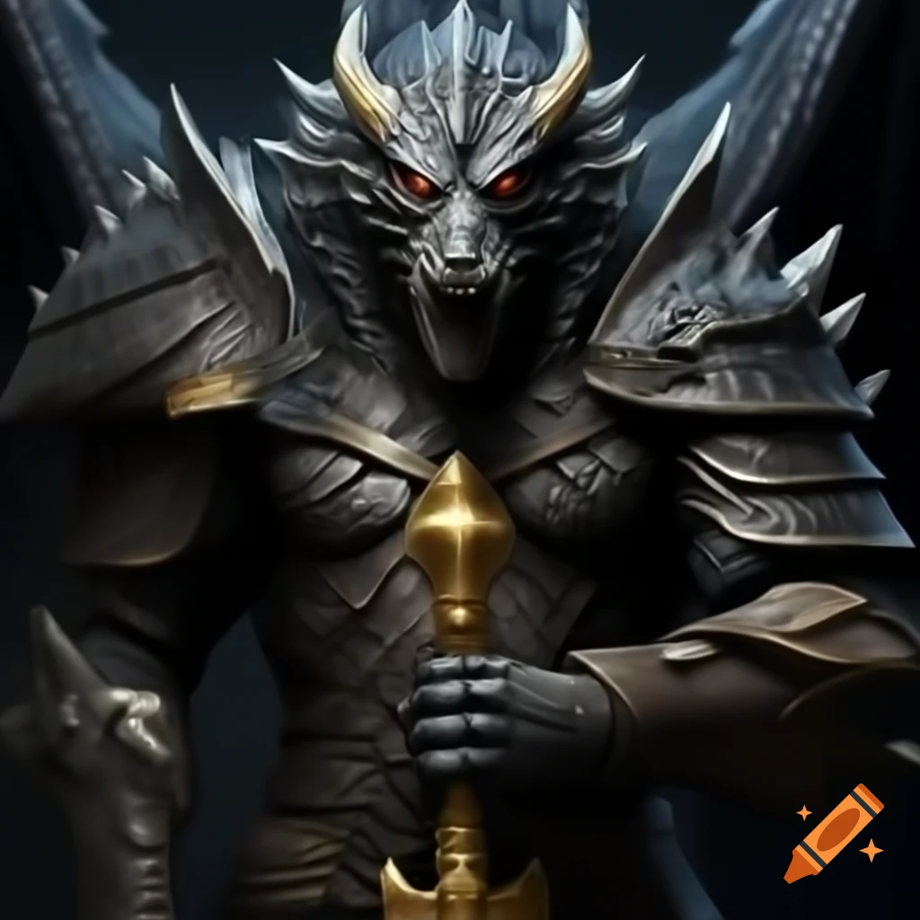 Black dragon in armor with golden axe